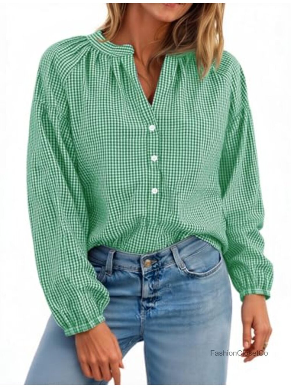 Cotton Gingham Blouse with Puff Long Sleeves Loose Fit Button Down Top
